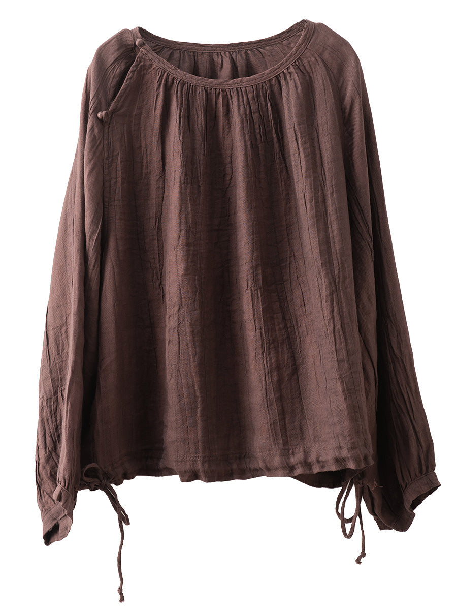 Women Summer Artsy Strap Hem O-Neck Ramie Blouse AS1026 BUYKUD