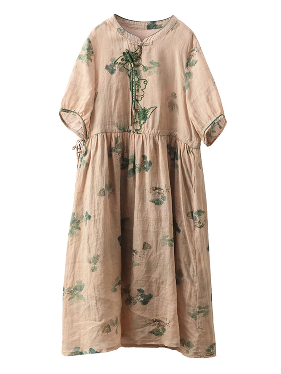 Women Summer Vintage Butterfly Embroidery Ramie Dress PP1036 MDFZ