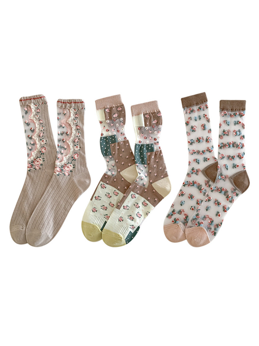 3 Pairs Women Artsy Floral Thin Socks FD037 BUYKUD