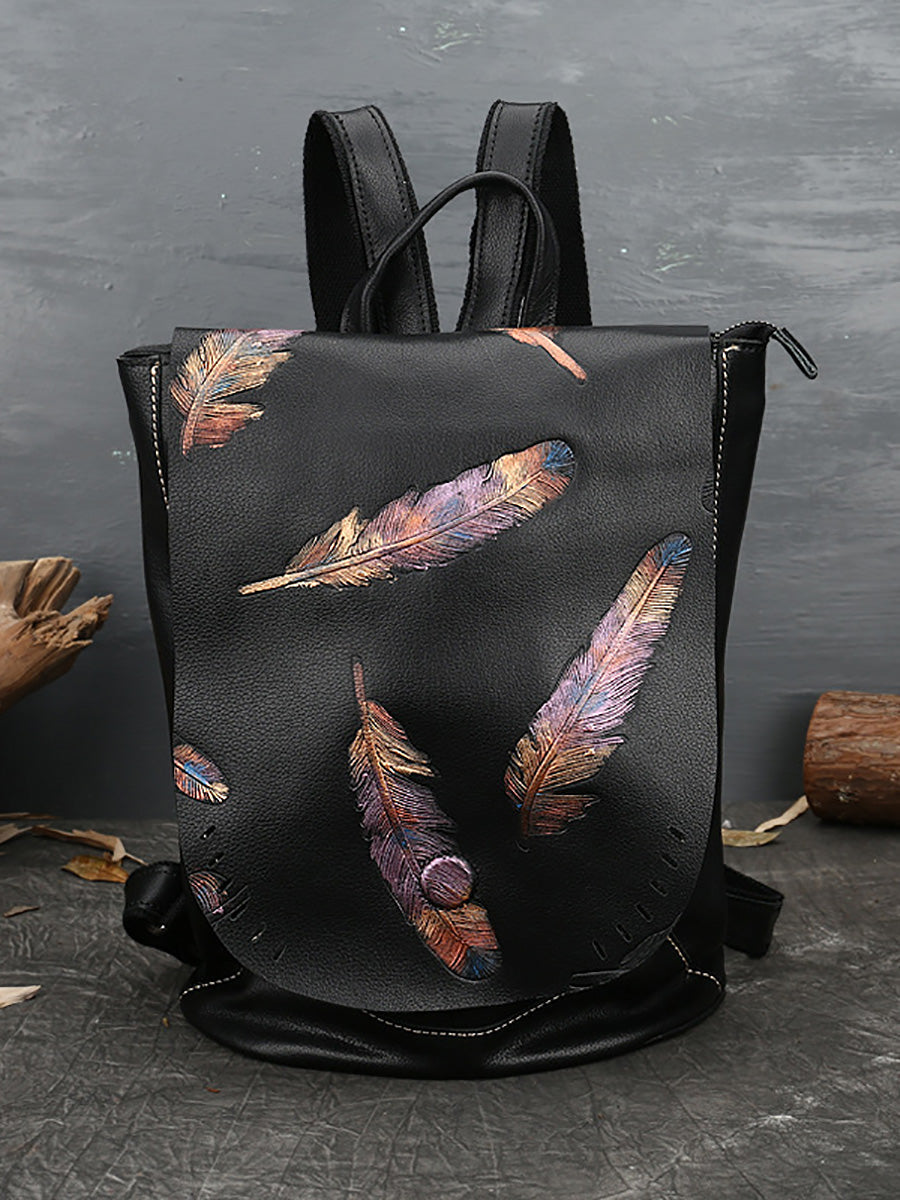Women Vintage Leather Feather Embossing Backpack AH1089 ZLPJ