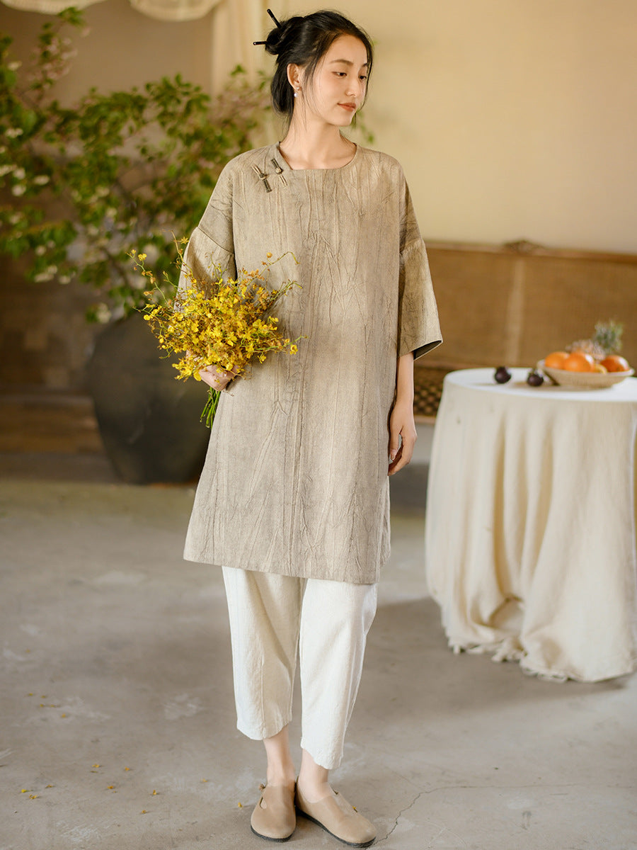 Women Summer Vintage Solid Loose Linen Short Dress II1008 BUYKUD