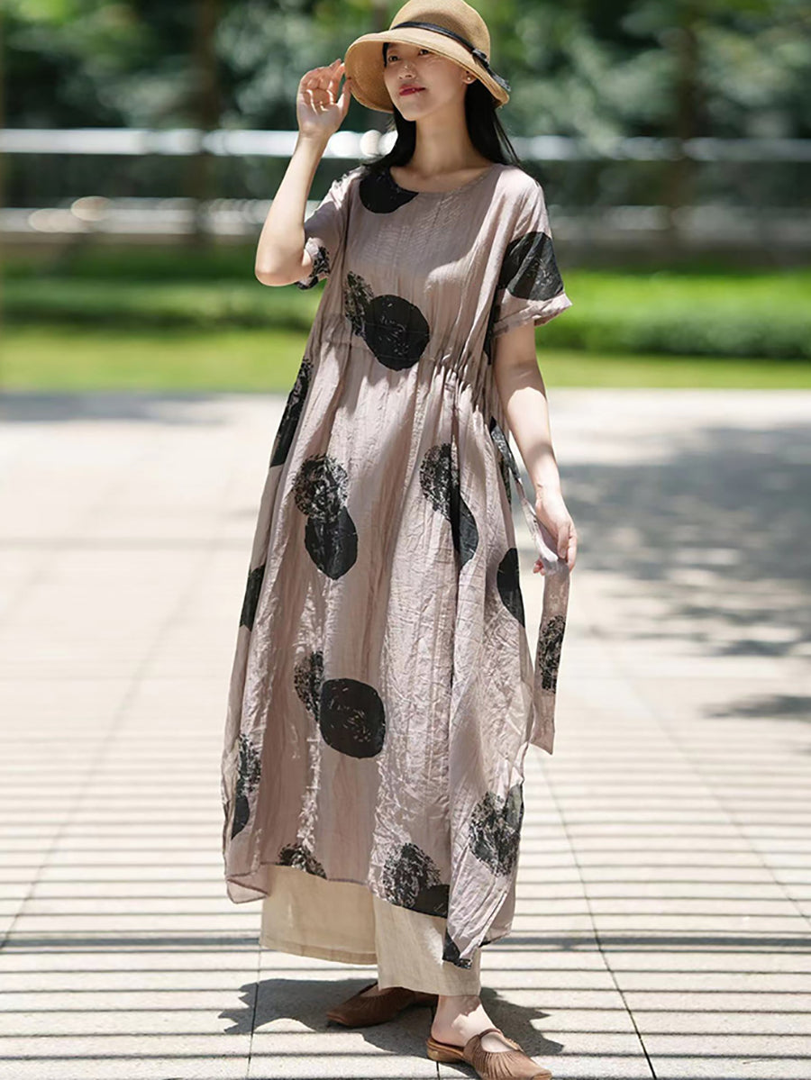 Plus Size Women Artsy Dot 100%Ramie Loose Dress SC1063 Ada Fashion