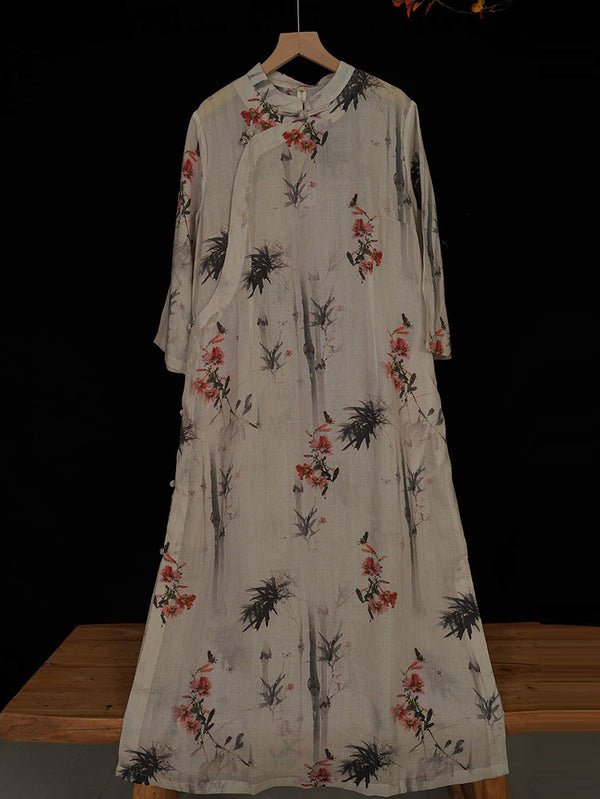 Women Summer Vintage Floral Bamboo Robe Ramie Dress TY1008 Ada Fashion