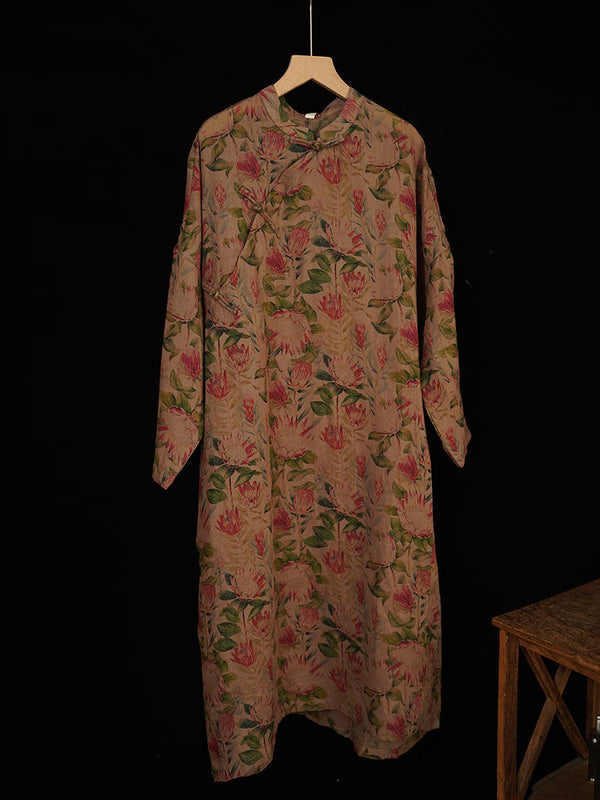 Women Summer Vintage Flower Buckle Ramie Robe Dress IO1018 Ada Fashion