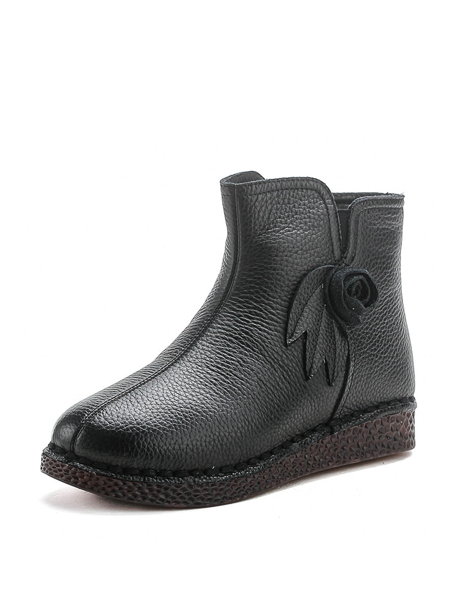 Women Vintage Genuine Leather Flower Flat Ankle Boots QN013 BC