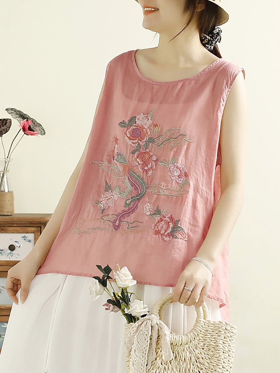 Women Vintage Flower Embroidery Ramie Summer Vest WE1022 Ada Fashion