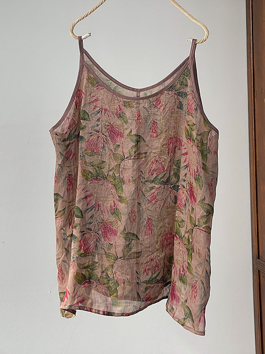 Plus Size Women Summer Vintage Flower Ramie Thin Vest II1061 YCGS