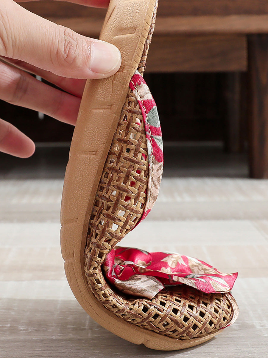 Bowknot Ethnic Weave Women Indoor Slippers Straw Flower FashionChic