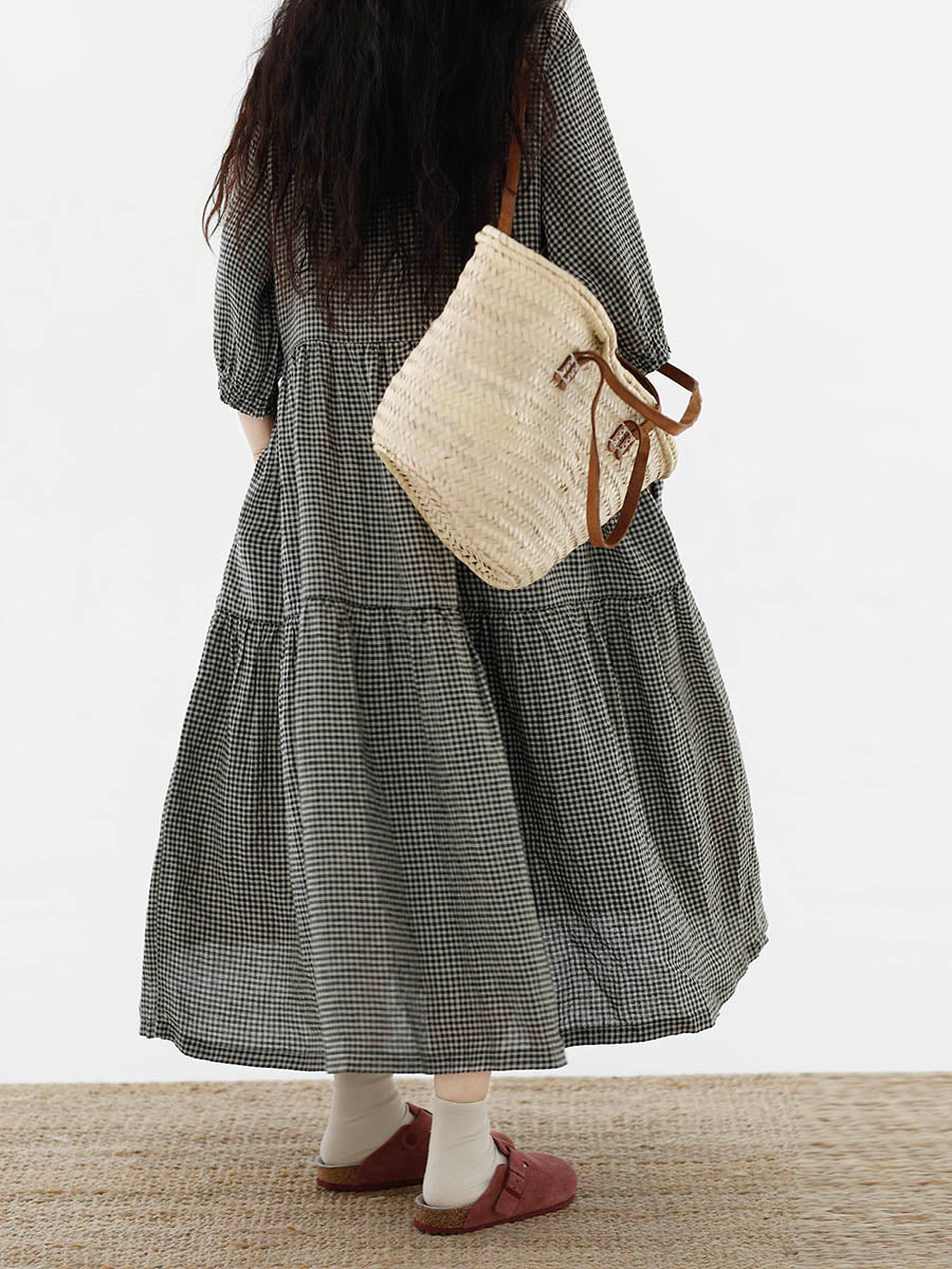 Plus Size Women Artsy Plaid Spliced 100%Cotton Tiered Dress SC1064 Ada Fashion