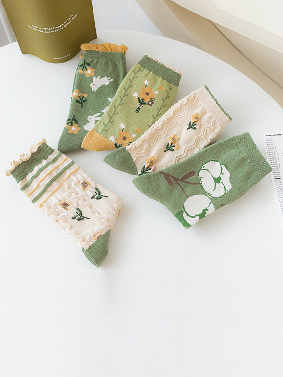 5 Pairs Women Artsy Flower Green Mid-Calf Socks IO1011 Ada Fashion