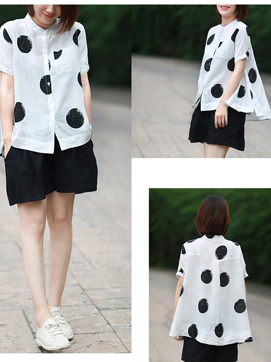 Dot Collar Stand Linen Polka Plus Cotton Size Shirt FashionChic