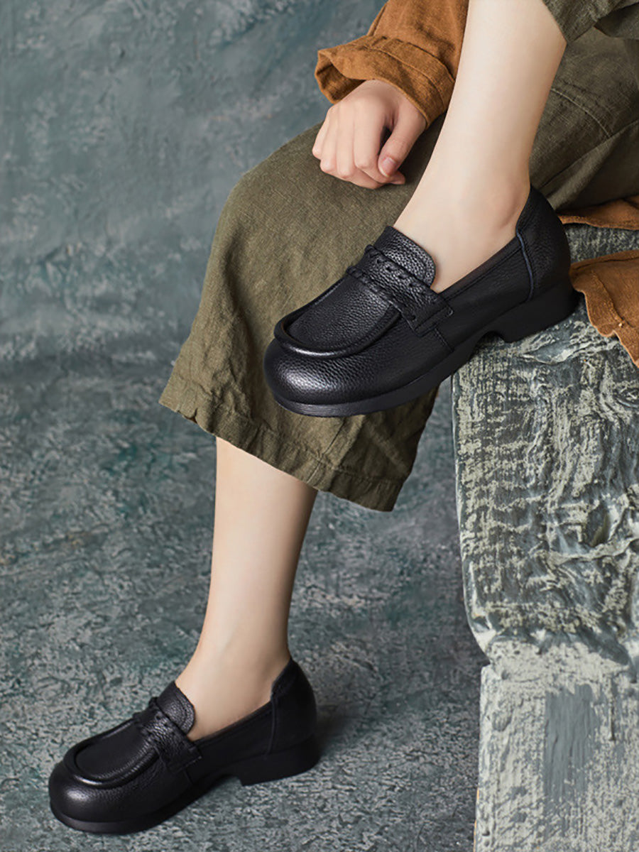 Women Vintage Genuine Solid Leather Low Heel Shoes BA1055 Genistyle Shop