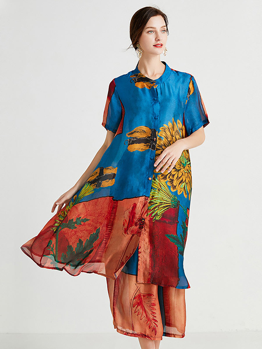 Plus Size Women Artsy Flower Spliced Long Shirt+Pants HH053 BK