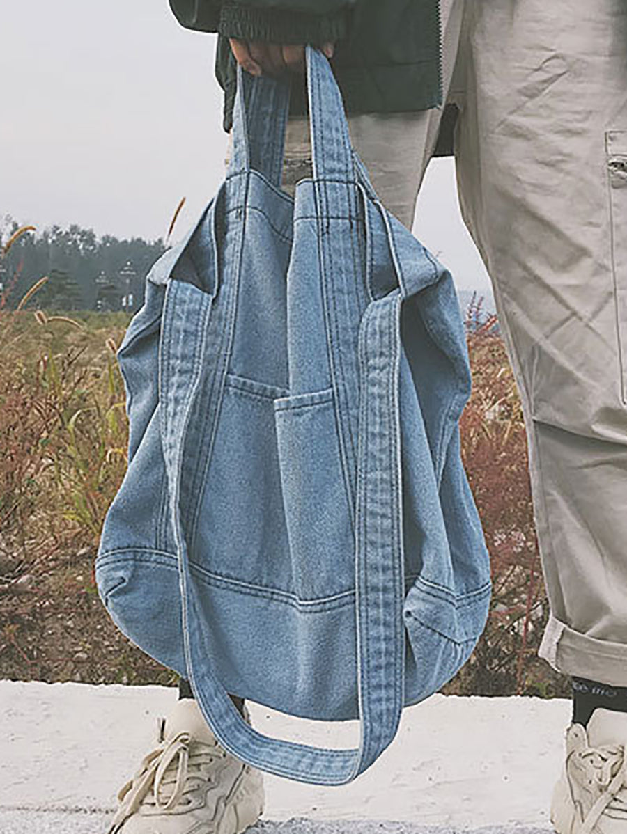 Vintage Solid Denim Spliced Shoulder Bag Handbag OP1038 BUYKUD
