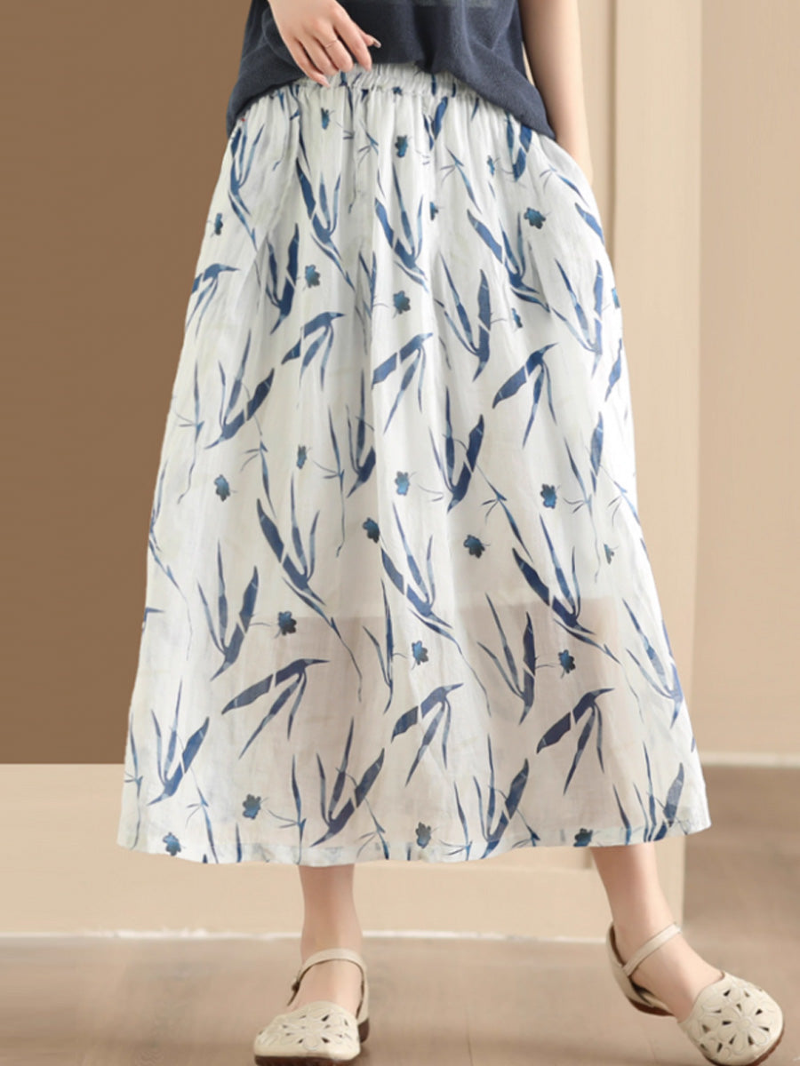 Women Artsy Summer Flower Ramie A-shape Skirt CO1025 Ada Fashion