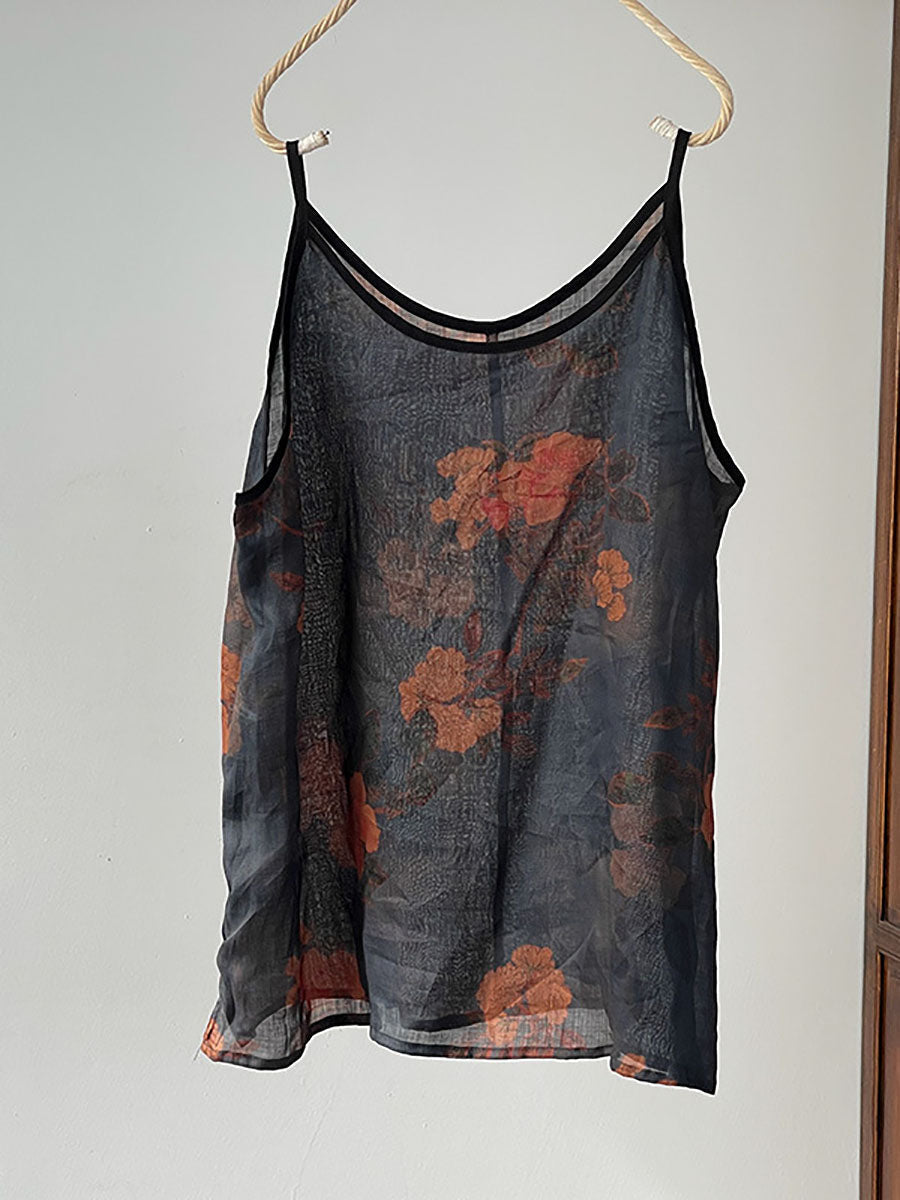 Plus Size Women Summer Vintage Flower Ramie Thin Vest II1061 YCGS
