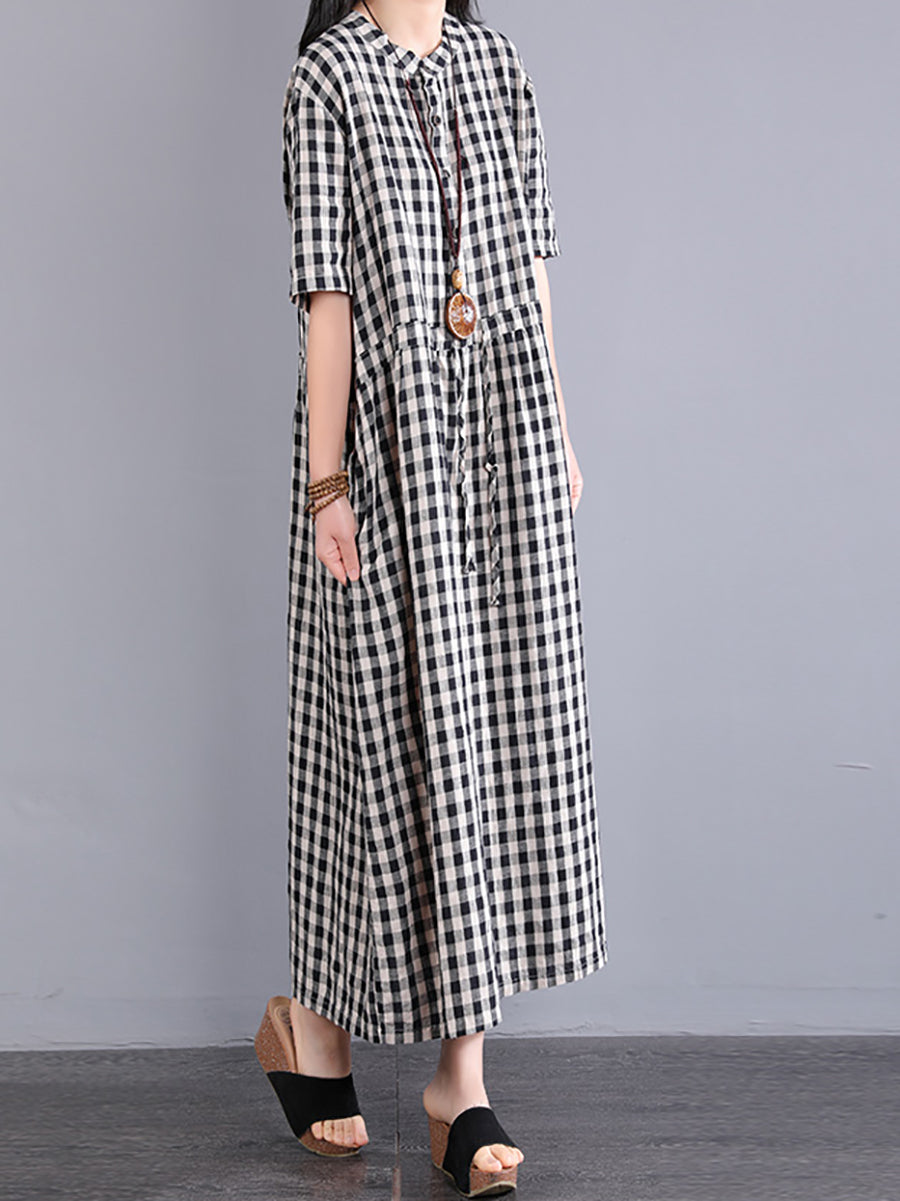 Plus Size Women Casual Plaid Summer Cotton Linen Dress SC1061 Ada Fashion