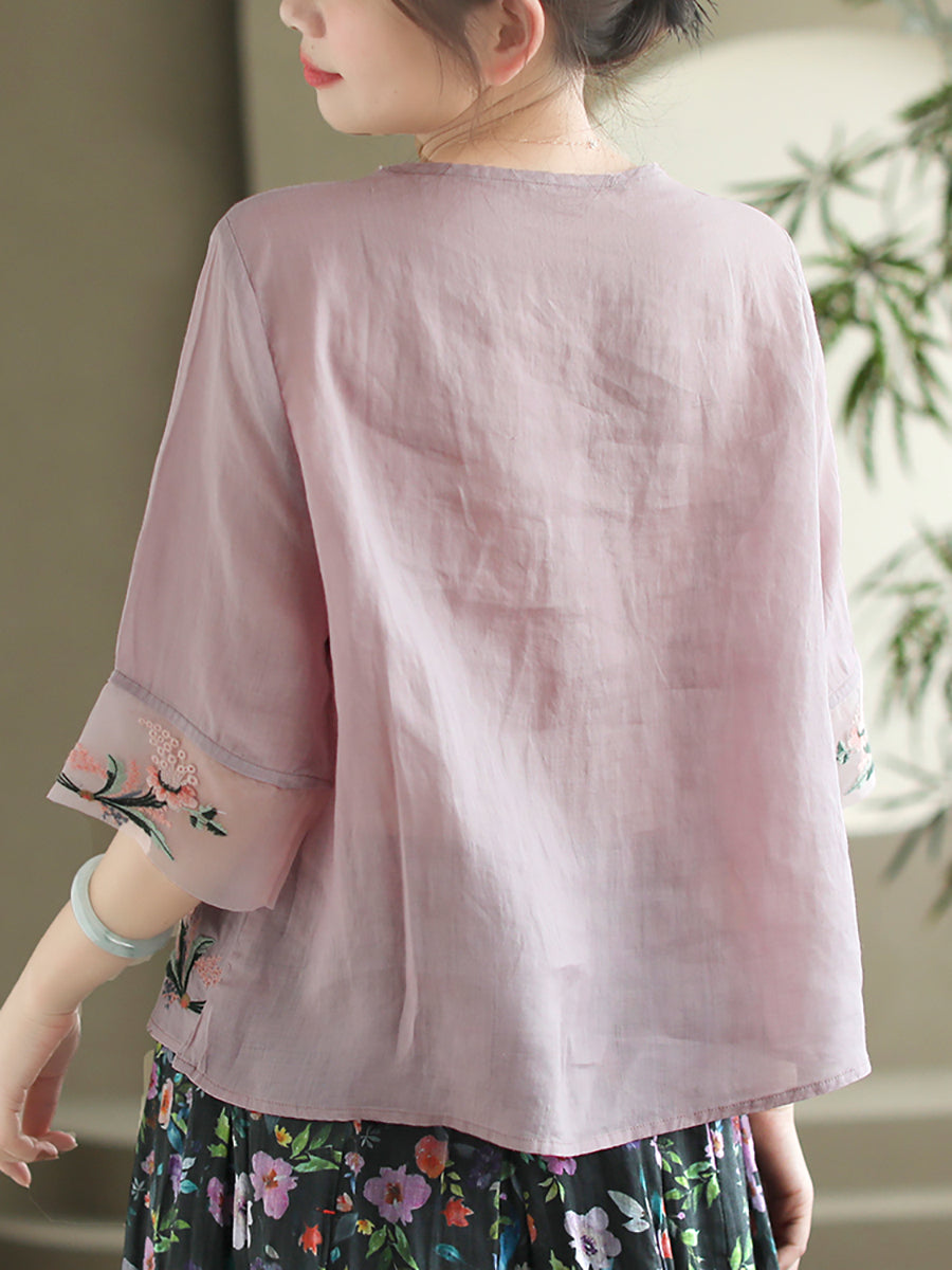 Women Summer Vintage Floral Embroidery Ramie Shirt AS1045 Ada Fashion
