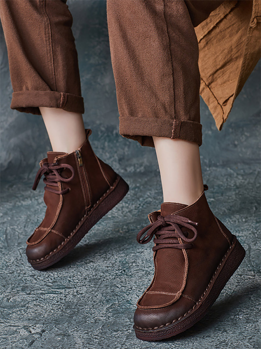 Women Winter Retro Leather Spliced Flat Boots QM025 BUYKUD