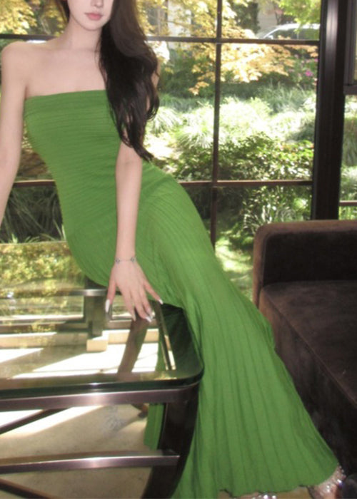 New Dresses Wrinkled knitting Long Cotton Green Strapless FashionChic