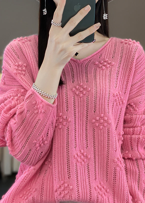 Casual Rose V Neck Hollow Out Cotton Knit Sweaters Fall QP016 OL-NTP241001