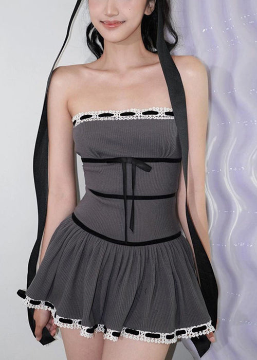 Dress Sleeveless Cotton Cold Fit Mini Shoulder Bow Slim Grey FashionChic