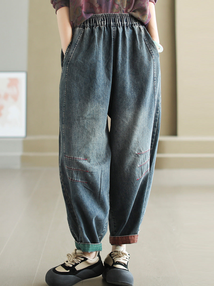 Women Autumn Artsy Spliced Denim Harem AH1038 BK