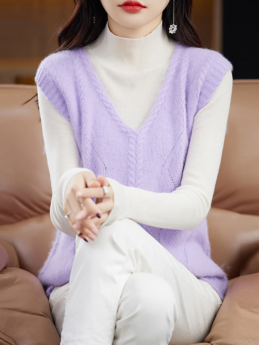 Women Casual Wool V-Neck Twist Knit Vest BA1045 Genistyle Shop