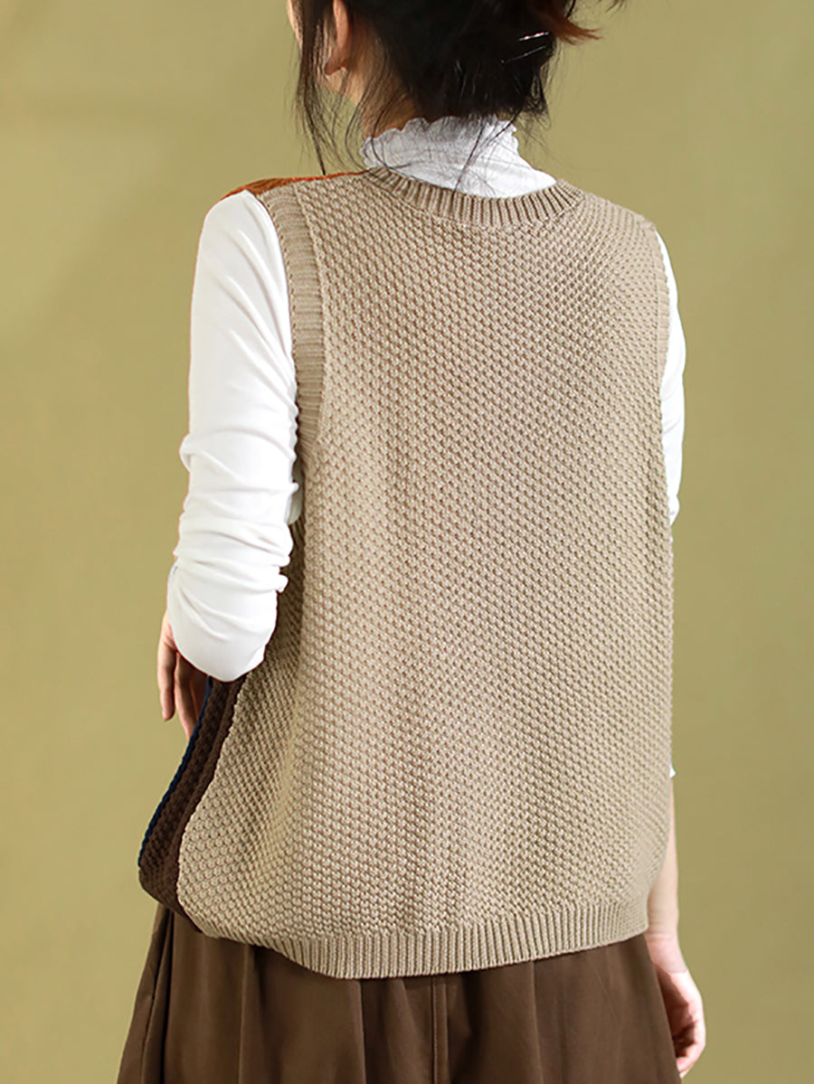 Women Autumn Colorblock Knitted V-Neck Vest CV1029 Ada Fashion