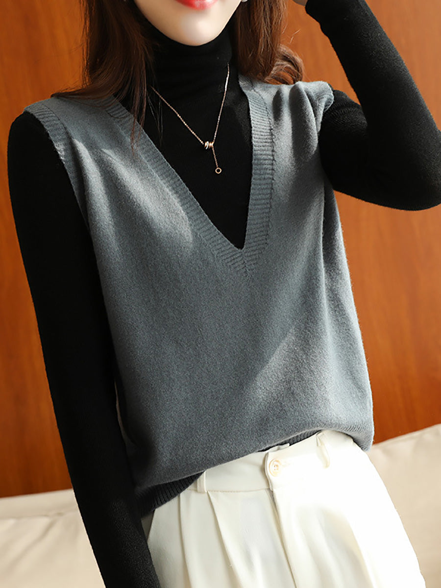 Women Casual Wool Solid V-Neck Knit Vest AK1045 Genistyle Shop