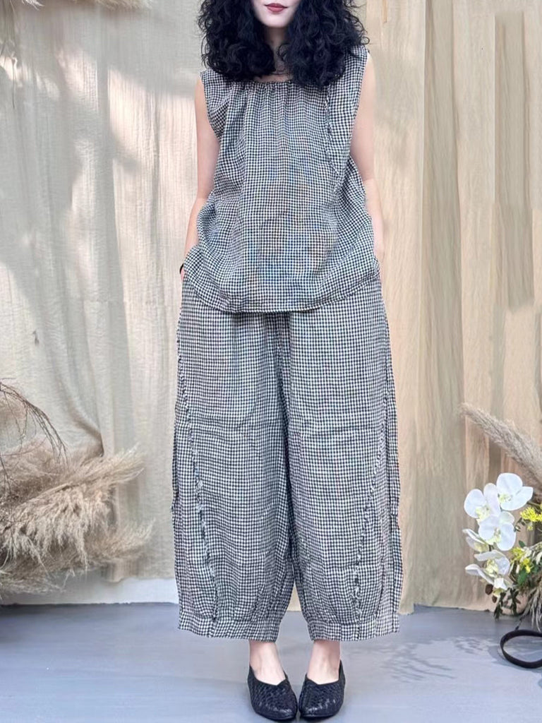 Plus Size Women Vintage Lattice Summer Cotton Linen Suits IO1030 Ada Fashion