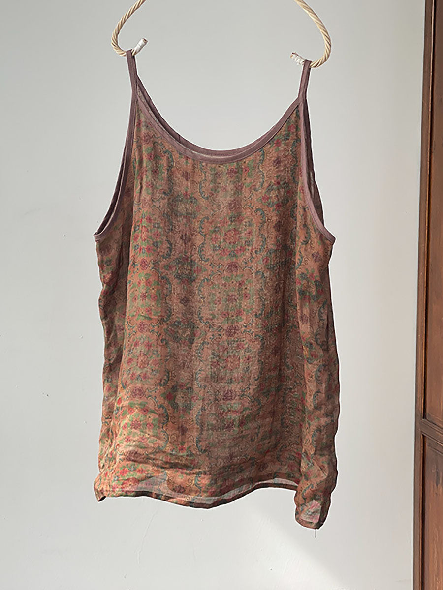 Plus Size Women Summer Vintage Flower Ramie Thin Vest II1061 YCGS