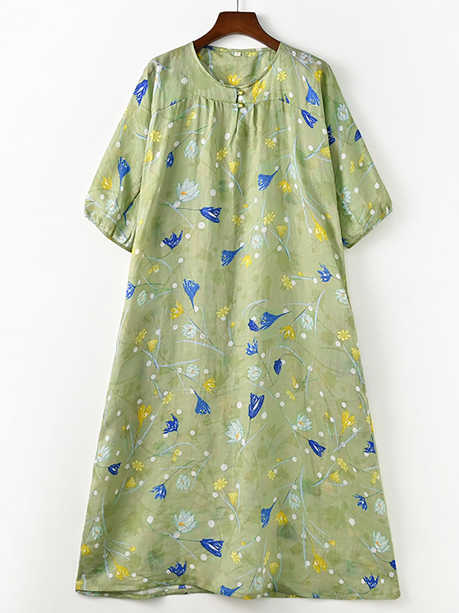 Women Summer Artsy Flower Print Loose Ramie Dress OO1025 QMCJ