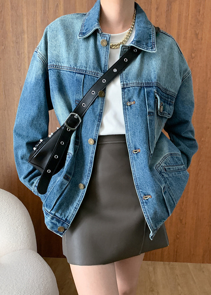 French Blue Peter Pan Collar Button Pockets Denim Coats Fall AF1027 HS-CTS240914