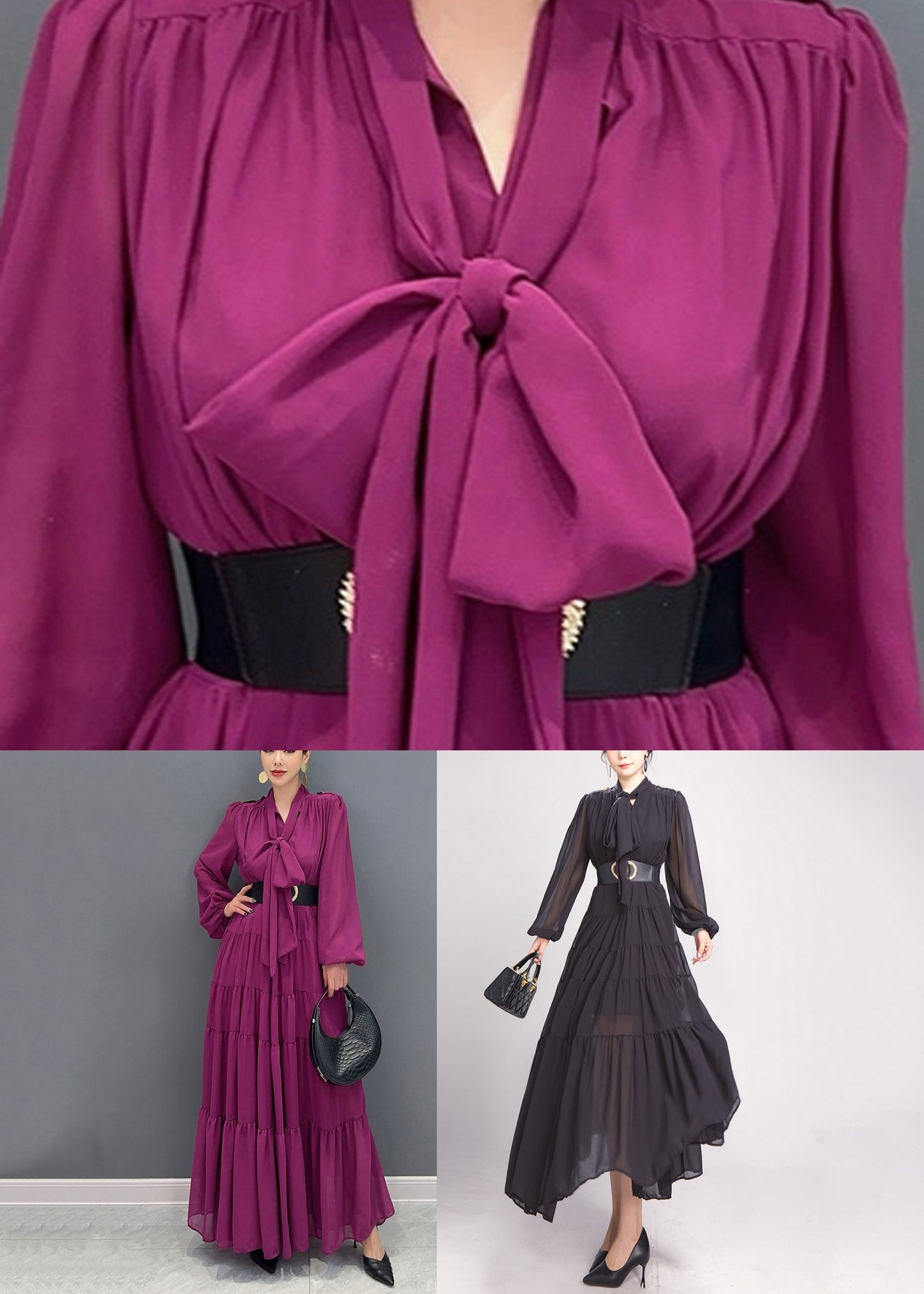 Black Bow Wrinkled Chiffon Maxi Dress Long Sleeve AO1043 JDML-FDL240909