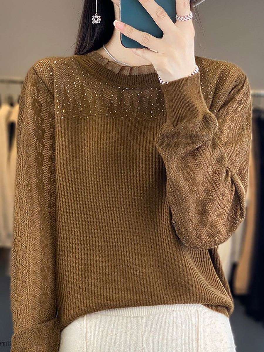 Women Autumn Solid Lace Knit Sweater QM030 BK