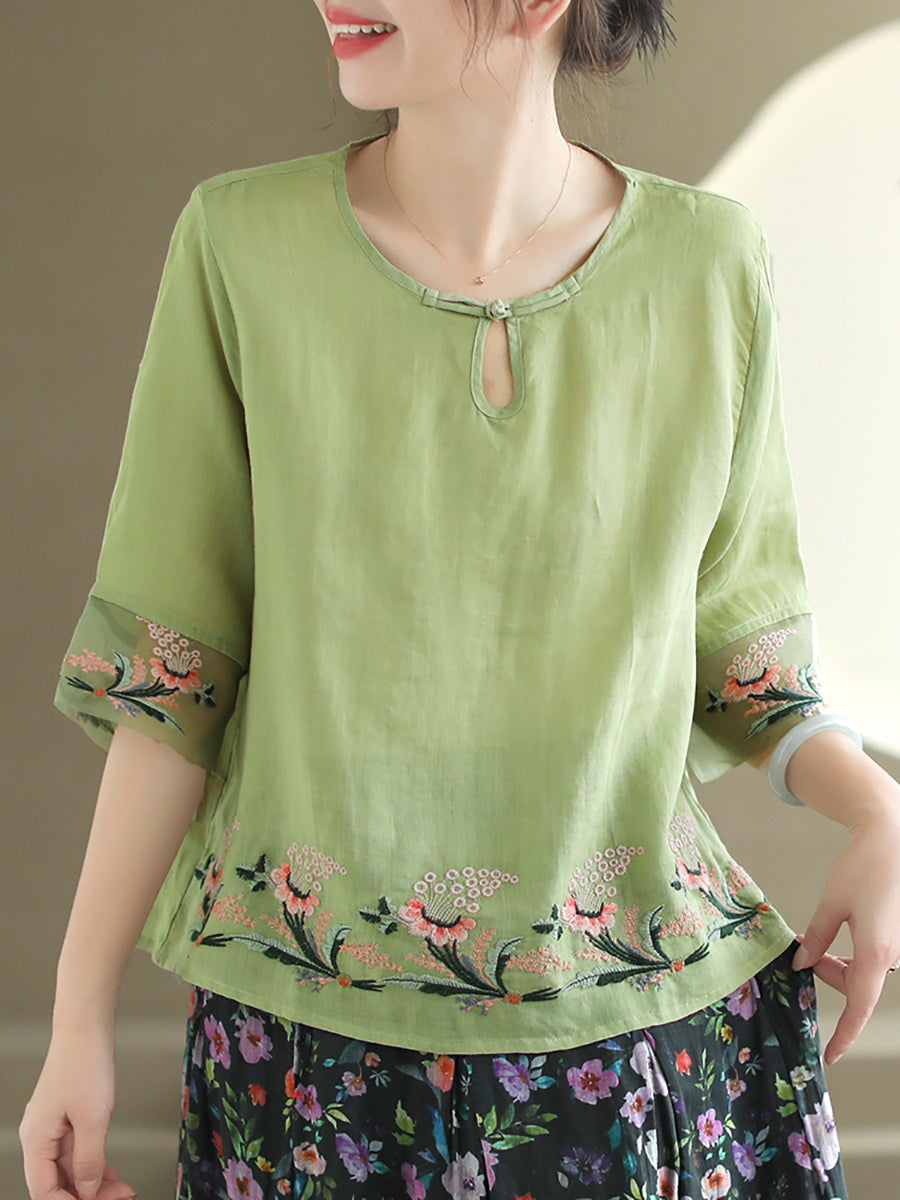 Women Summer Vintage Floral Embroidery Ramie Shirt AS1045 Ada Fashion