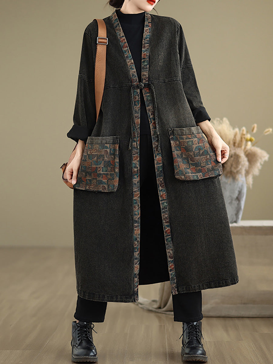 Women Autumn Worn Patch Colorblock Denim Coat AH1067 BK