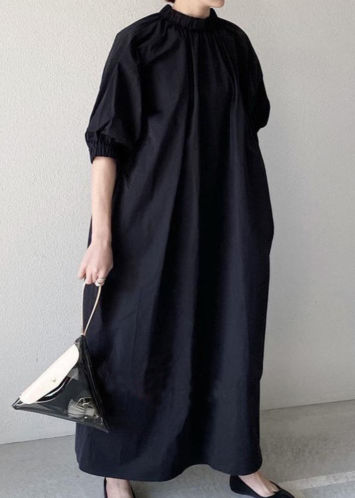 Navy Back Zippered Dress Half Women Cotton Maxi Sleeve FashionChic