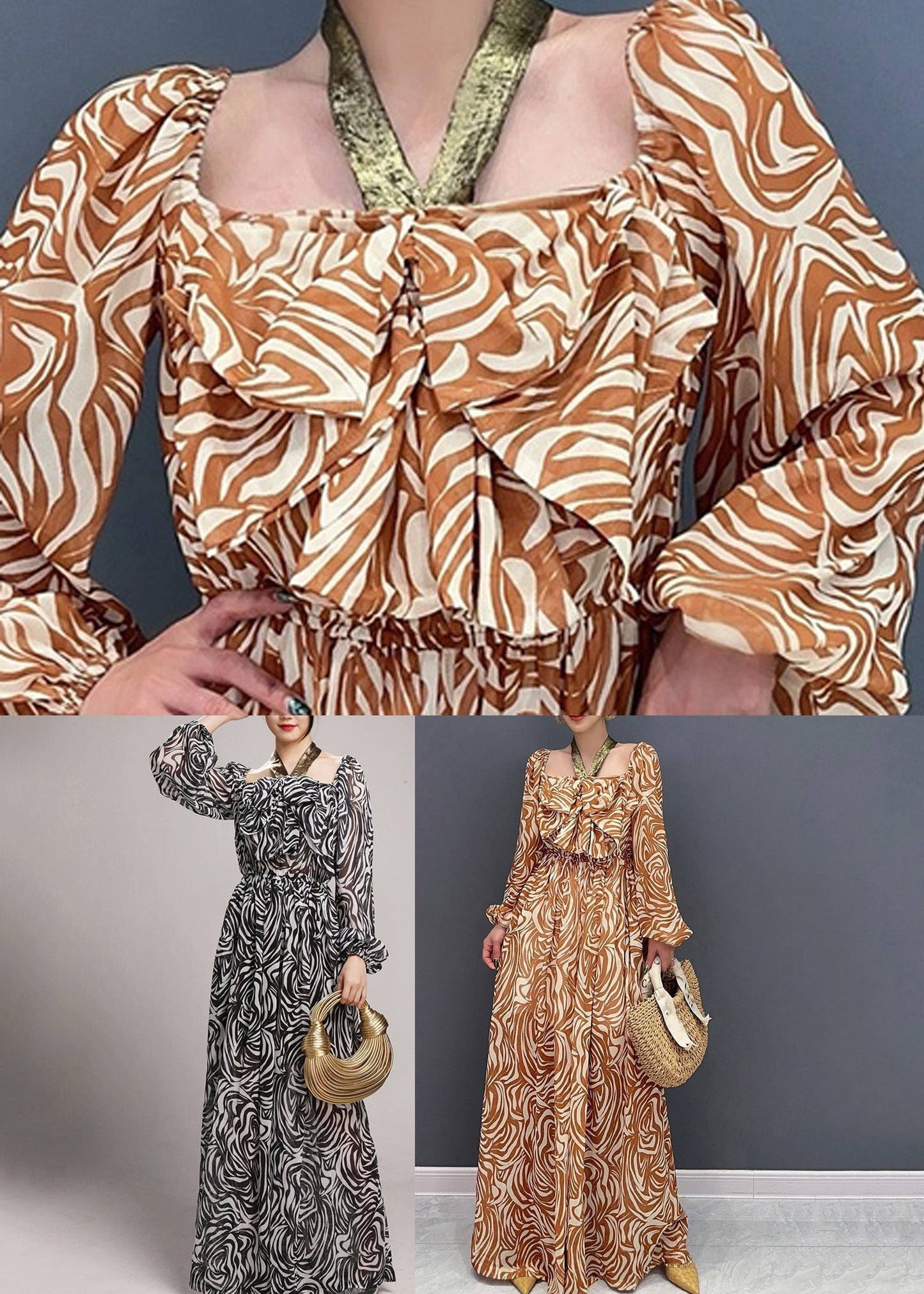 Novelty Coffee Print Wrinkled Chiffon Jumpsuit Long Sleeve AO1045 JDML-JPTS240909