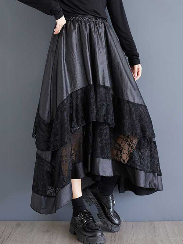 Goth Black Elasticity Layered Irregular Hem Patchwork Lace A-Line Skirt TW023 ABC
