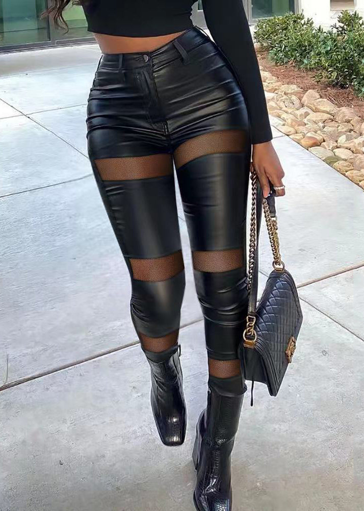 Control Tummy Vintage Faux Black Leather Patchwork Pants Spring FashionChic