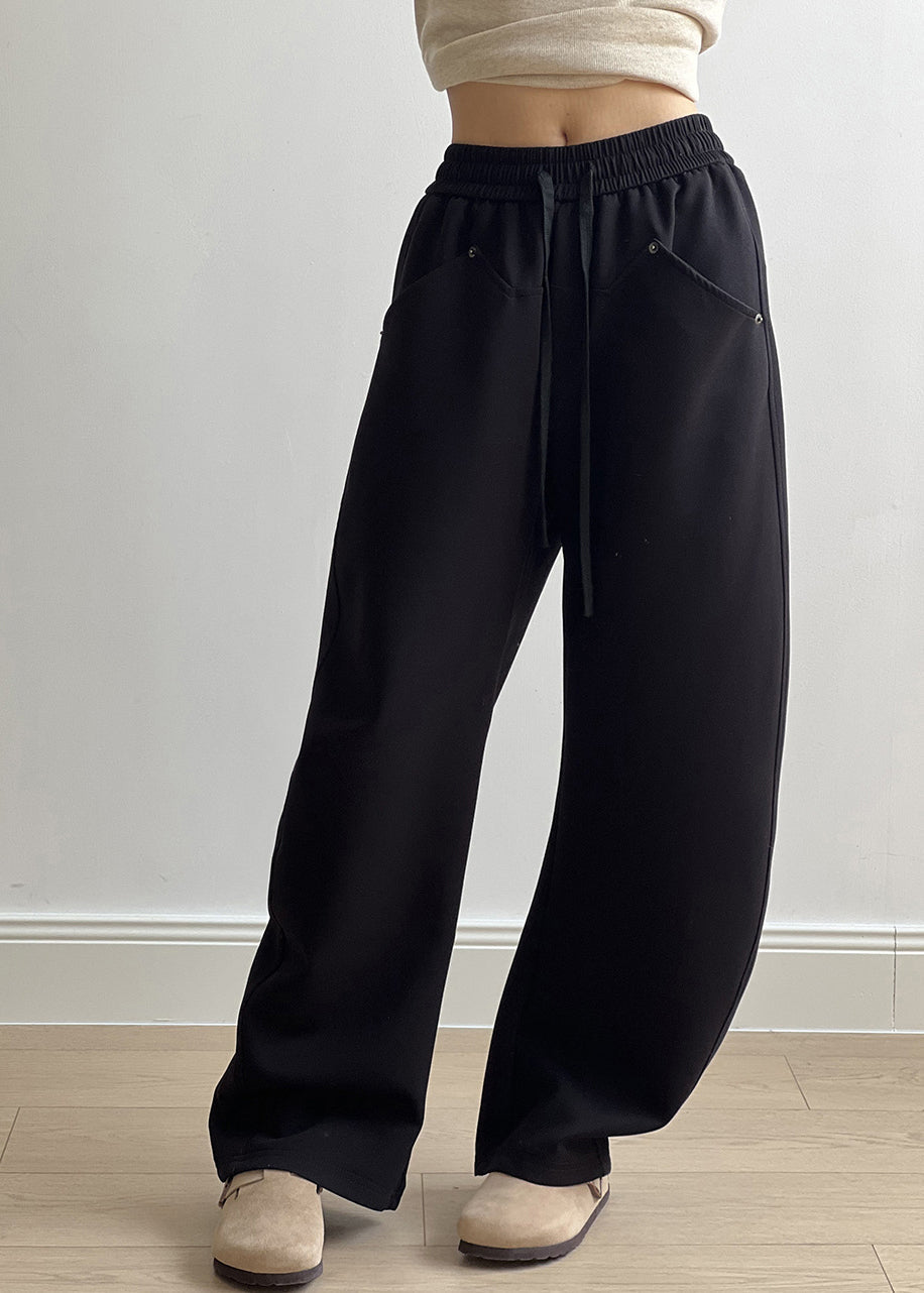 Black Pockets Cotton Pants Drawstring Elastic Waist Fall AF1071 HS-LPTS240914
