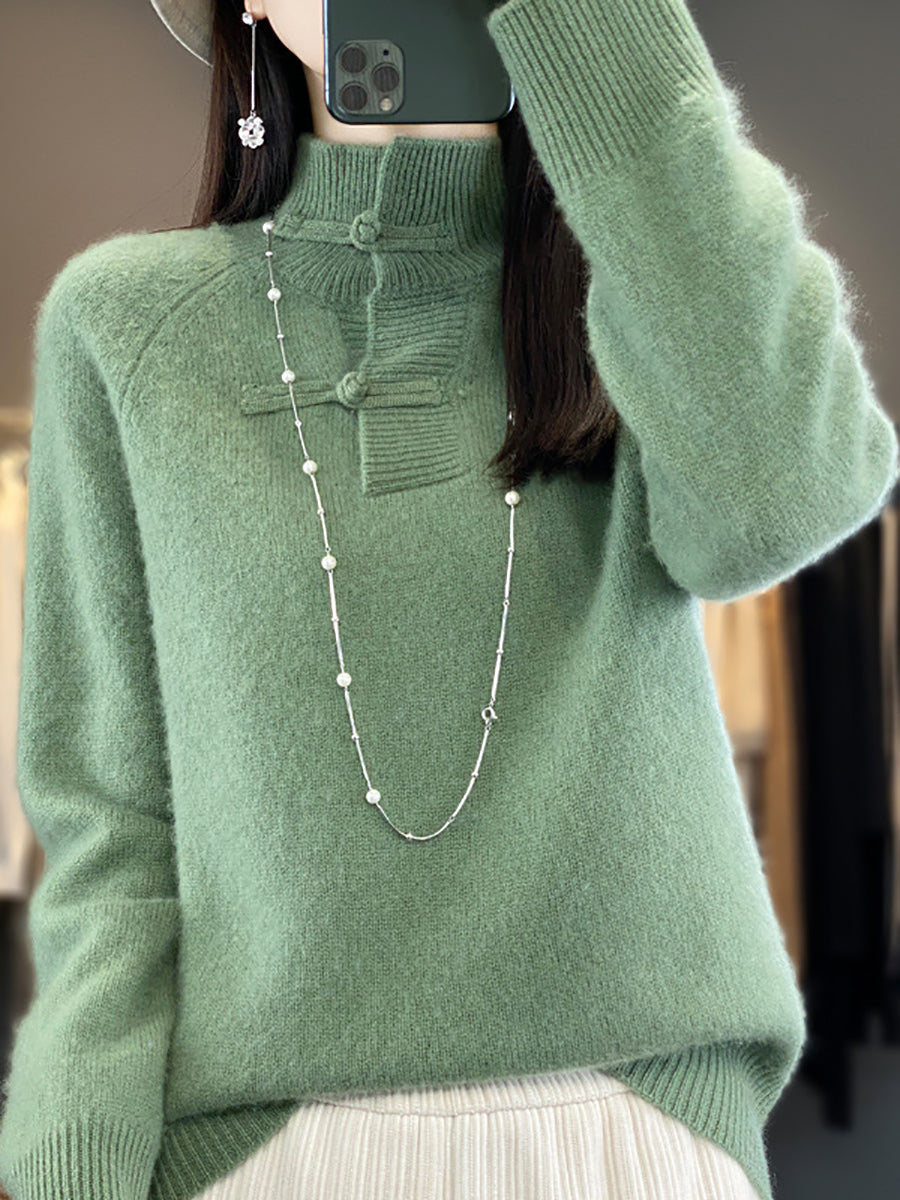 Women Autumn Vintage Half-Turtleneck 100%Wool Buckle Sweater BA1040 Genistyle Shop