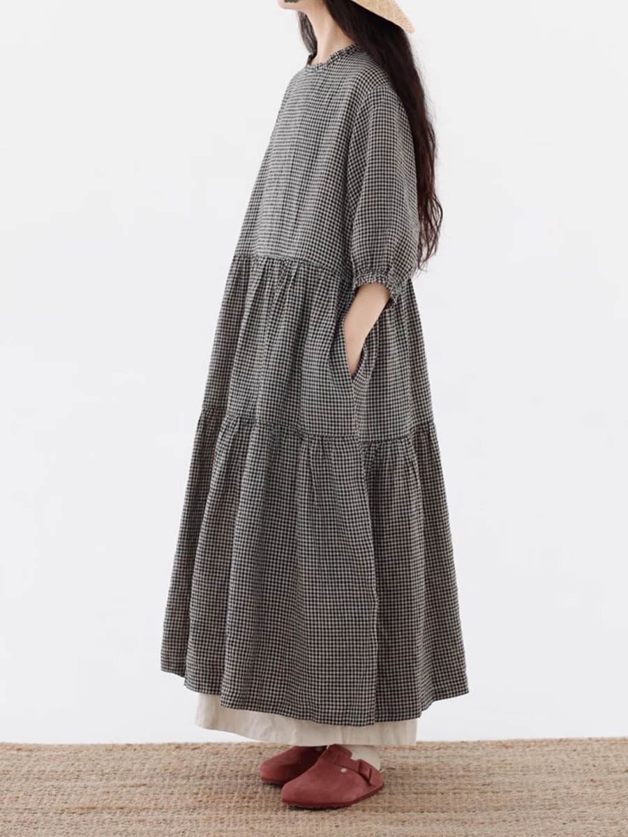 Plus Size Women Artsy Plaid Spliced 100%Cotton Tiered Dress SC1064 Ada Fashion