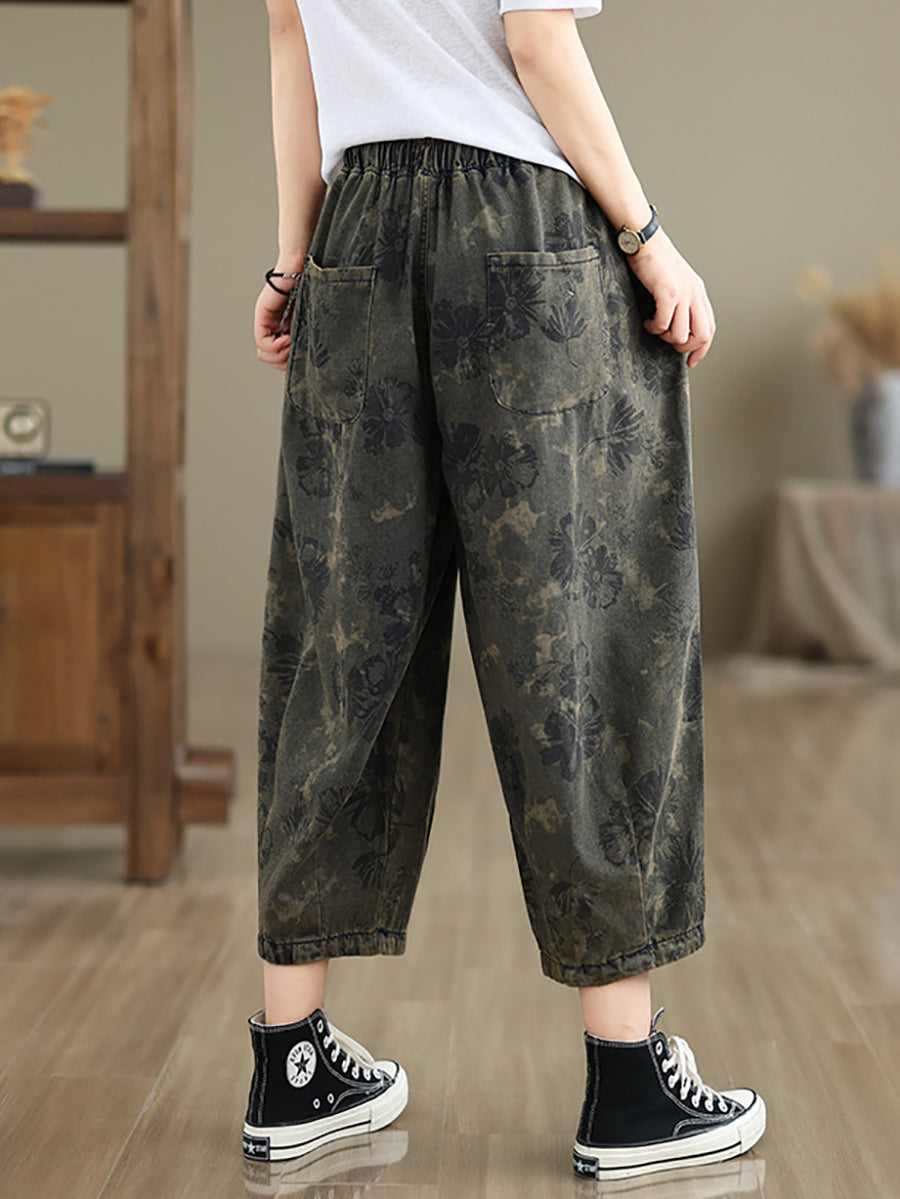 Women Summer Retro Flower Denim Loose Pants II1003 BUYKUD