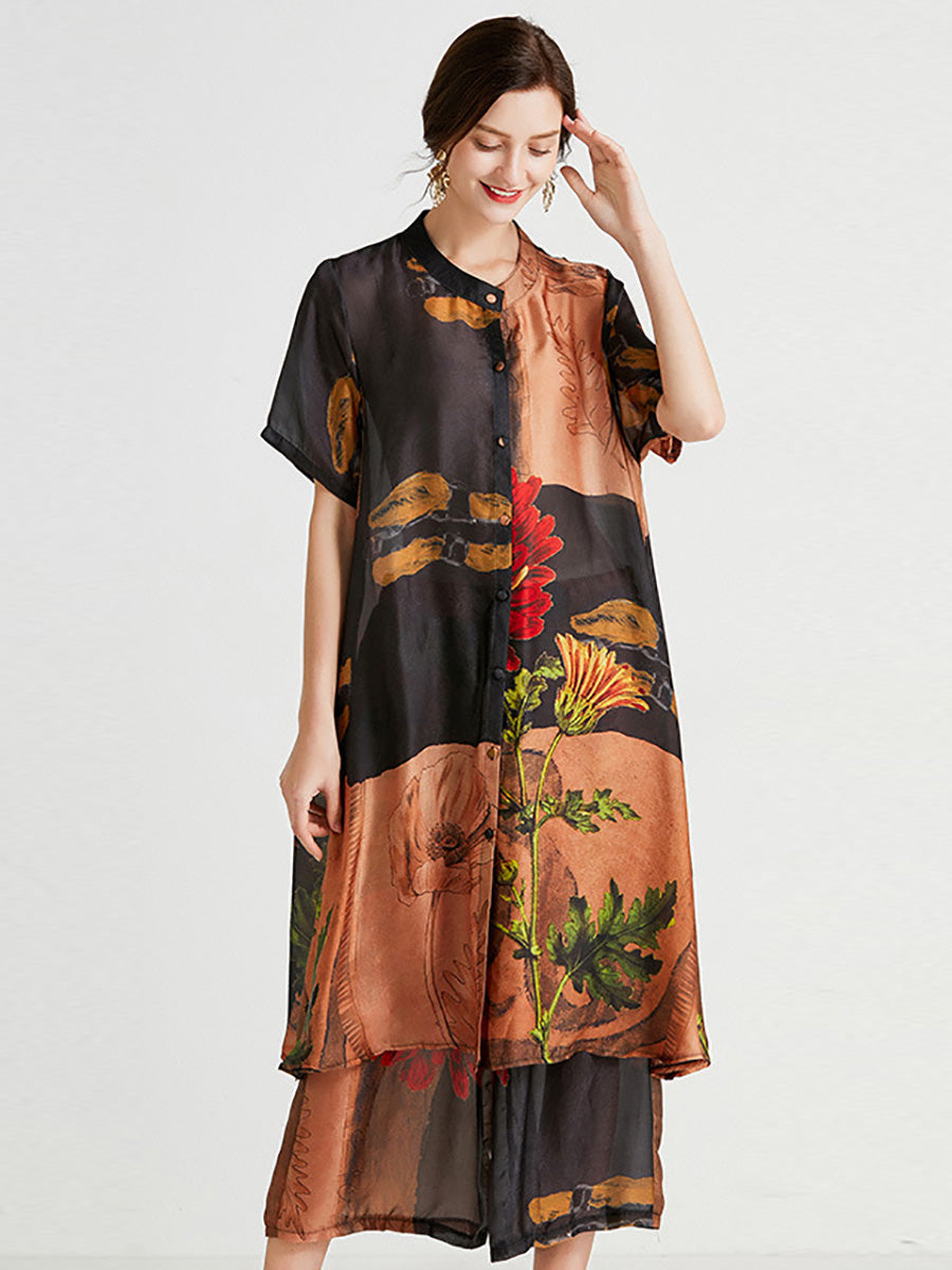 Plus Size Women Artsy Flower Spliced Long Shirt+Pants HH053 BK