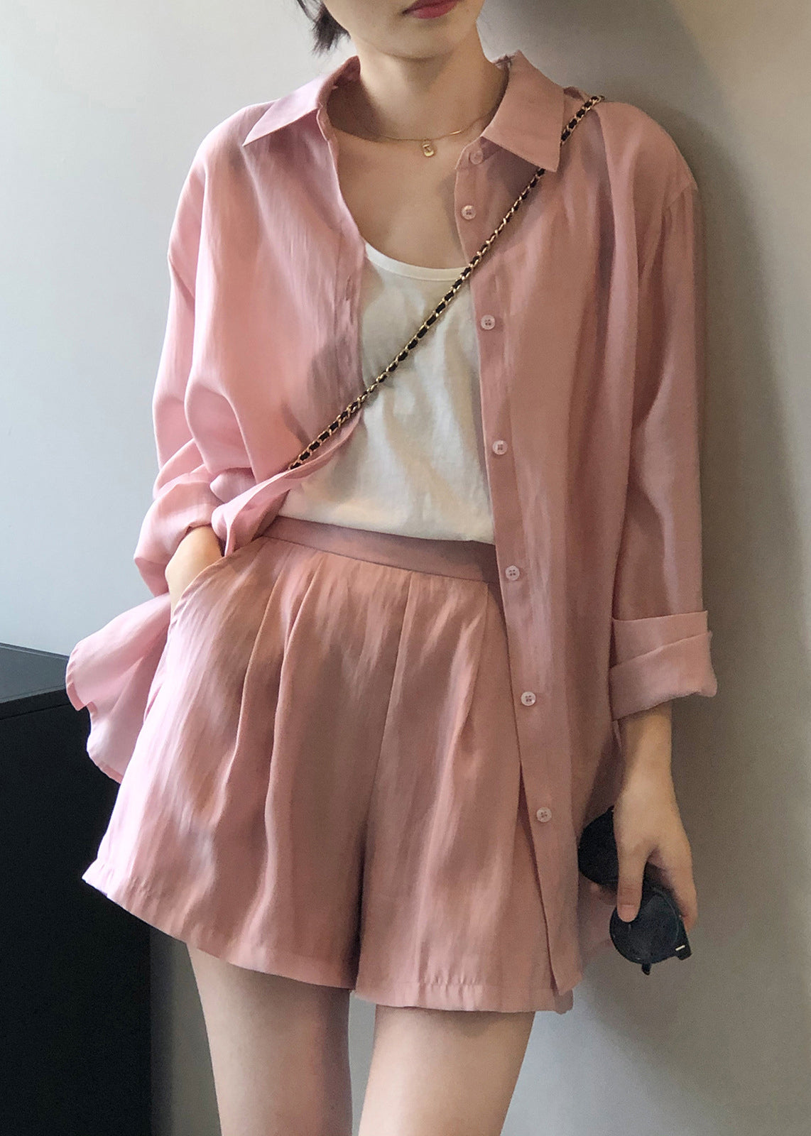 Pieces Shorts Up Lace Two Set Shirts Silk Pockets Pink And Loose FashionChic