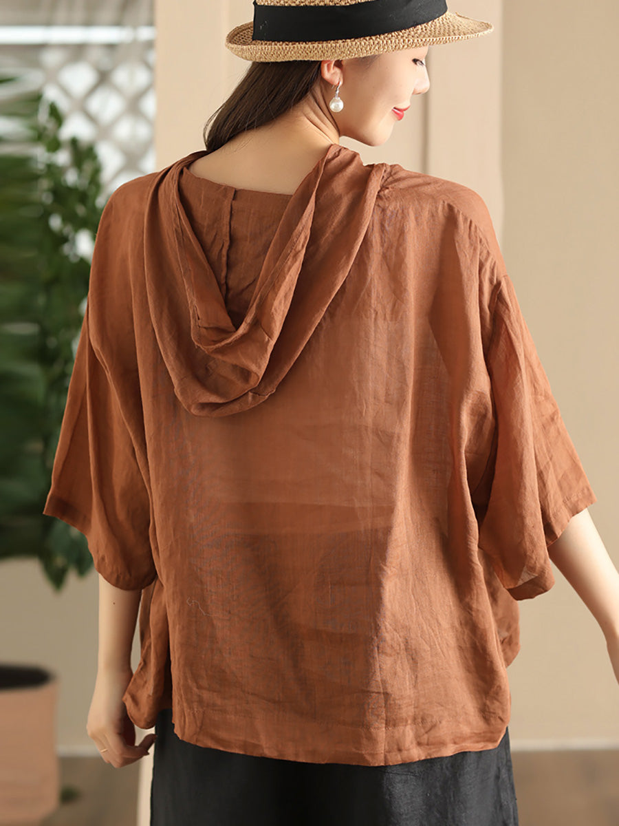 Women Summer Casual Print Thin Ramie HoodedShirt LL038 BUYKUD