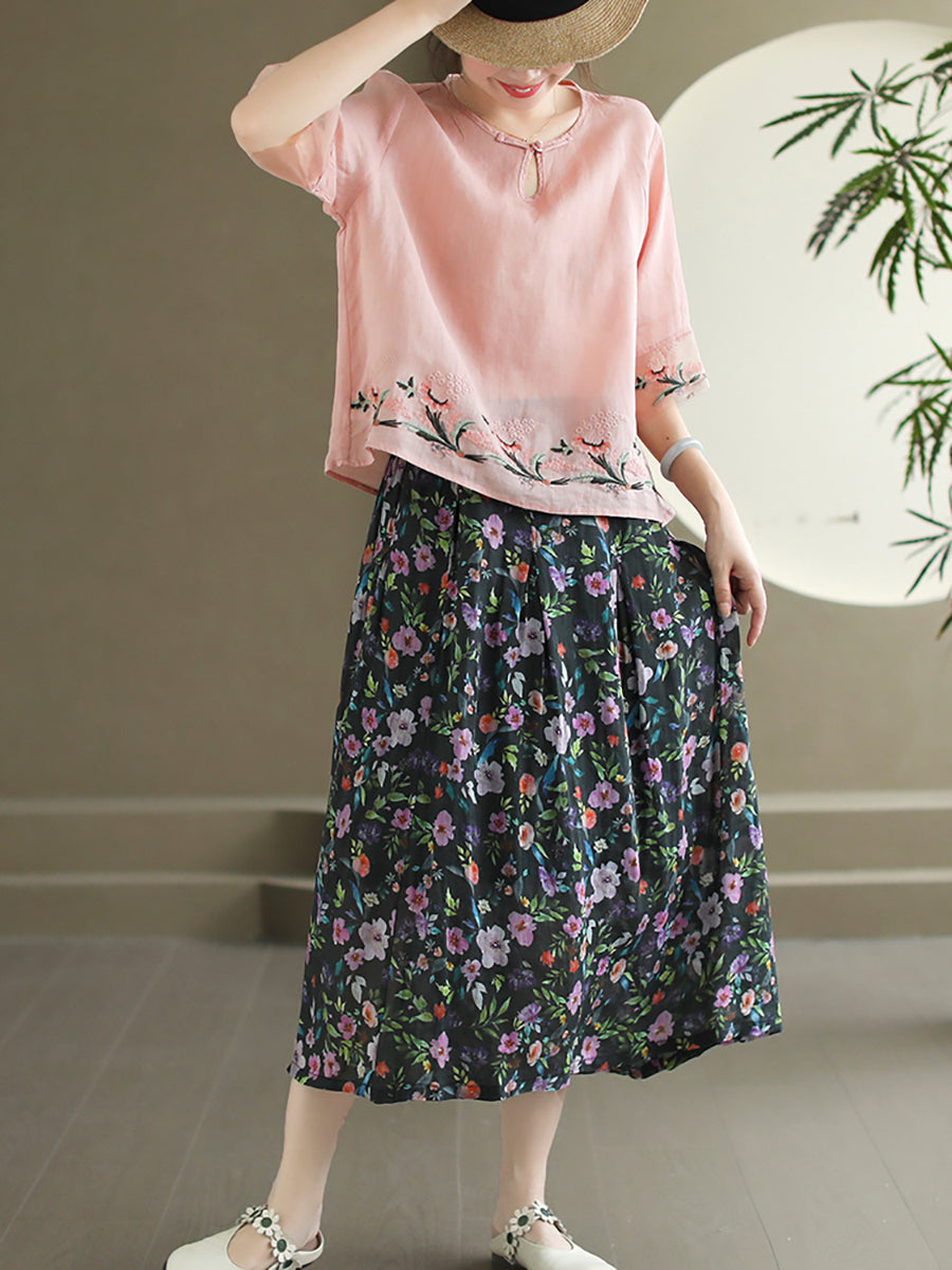 Women Summer Vintage Floral Embroidery Ramie Shirt AS1045 Ada Fashion
